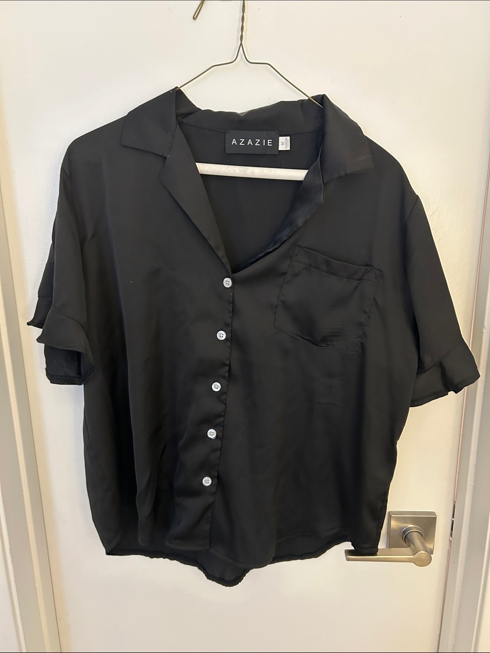 Azazie Black Short-Sleeve Satin Button Shirt